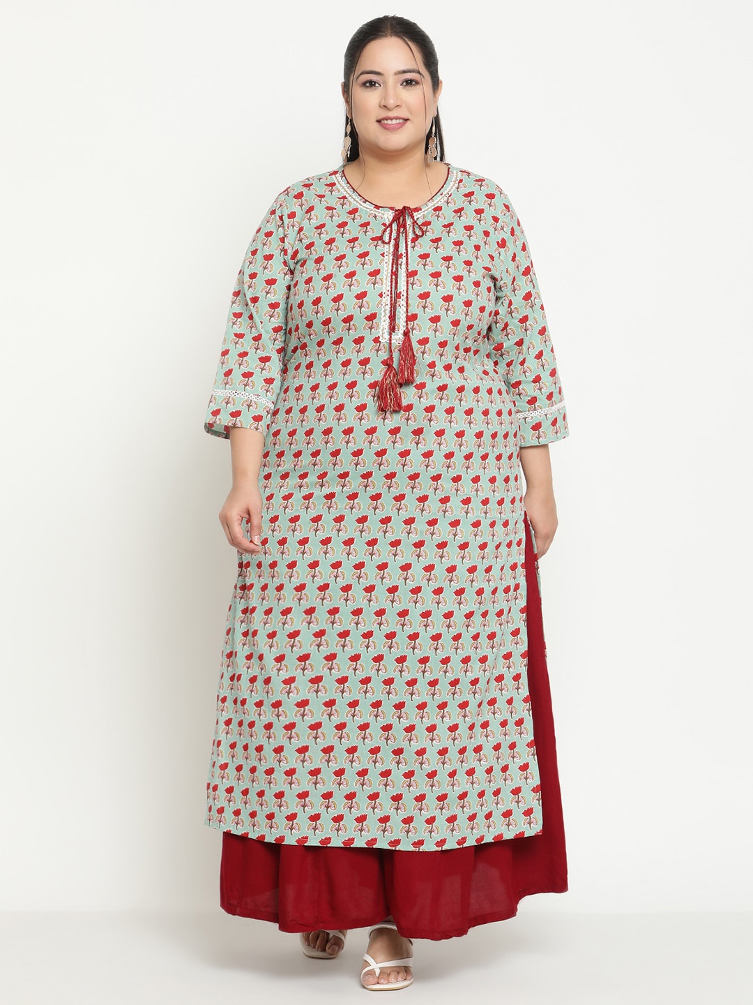 

Sringam Plus Size Floral Printed Tie Up Neck Cotton Regular Kurta, Green