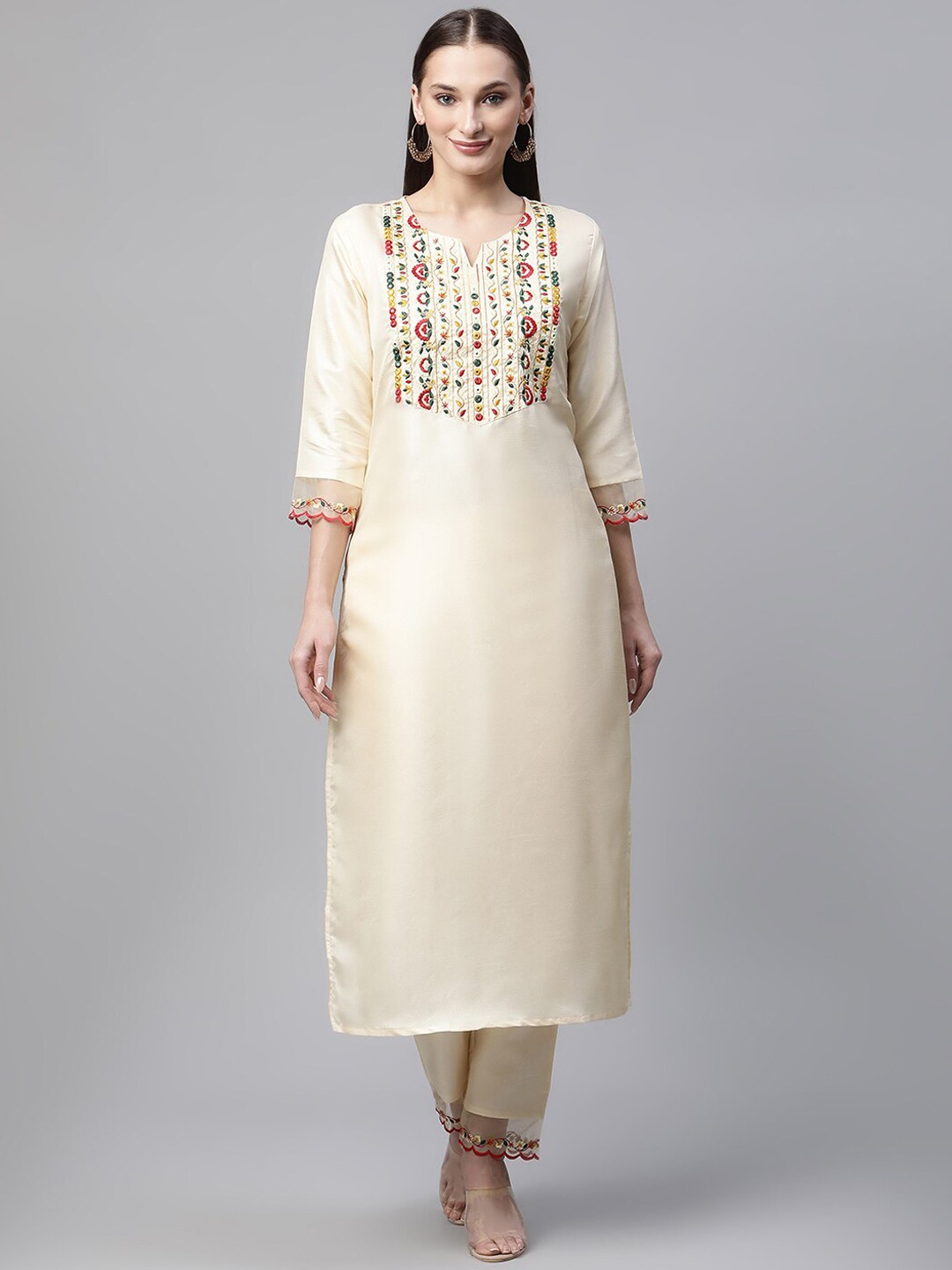 

Sringam Floral Yoke Design Thread Work Regular Kurta With Trousers, White