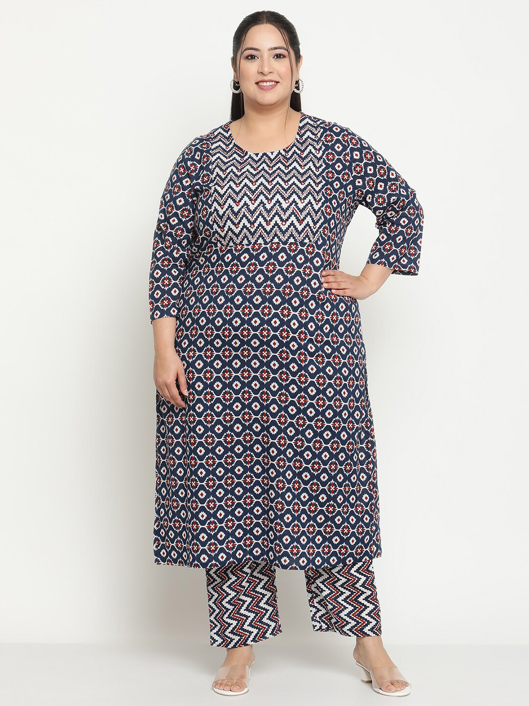 

Sringam Plus Size Ethnic Motifs Printed Pure Cotton Regular Kurta With Trousers, Blue