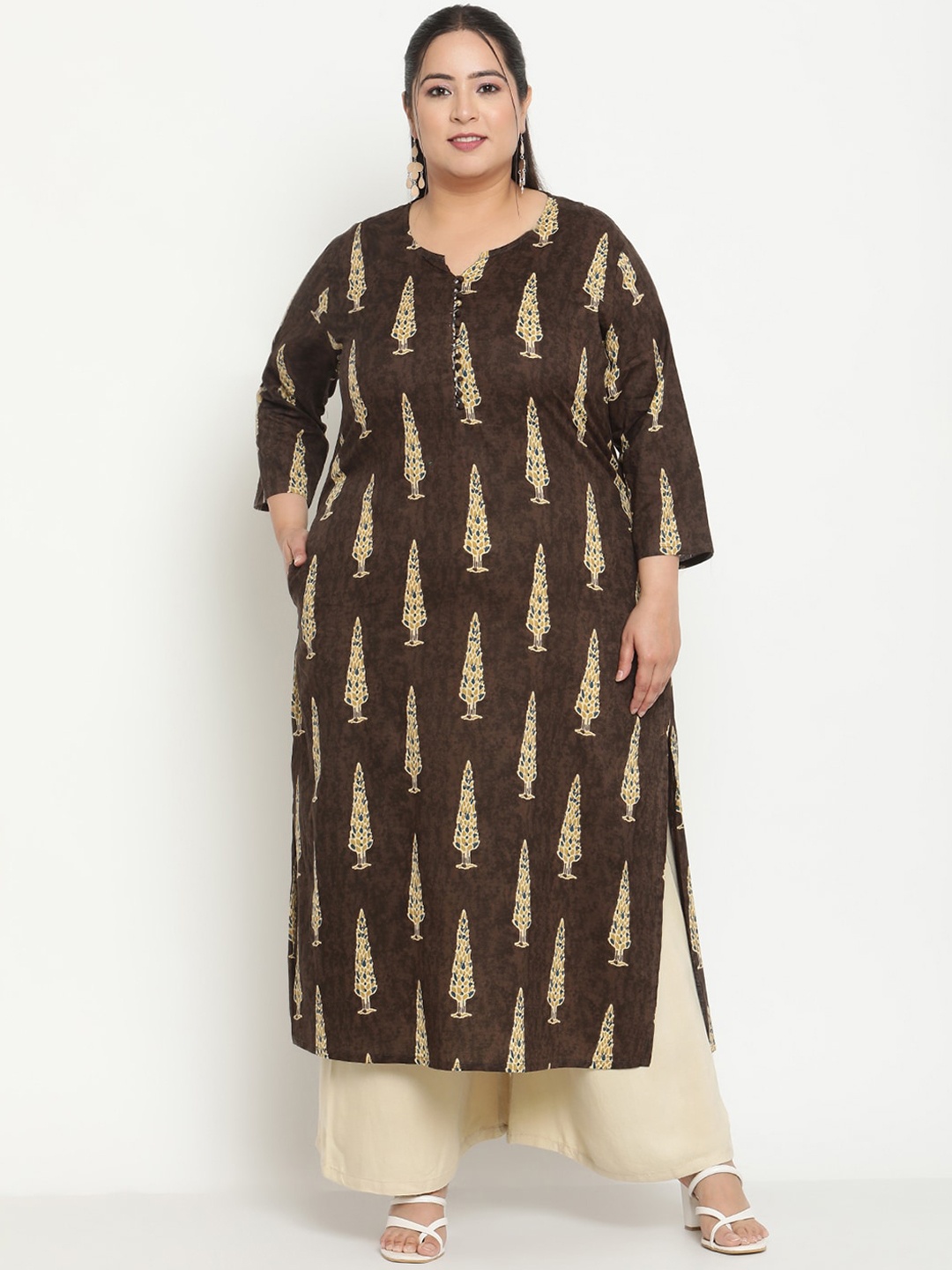 Sringam Plus Size Ethnic Motifs Printed Cotton Kurta, Brown