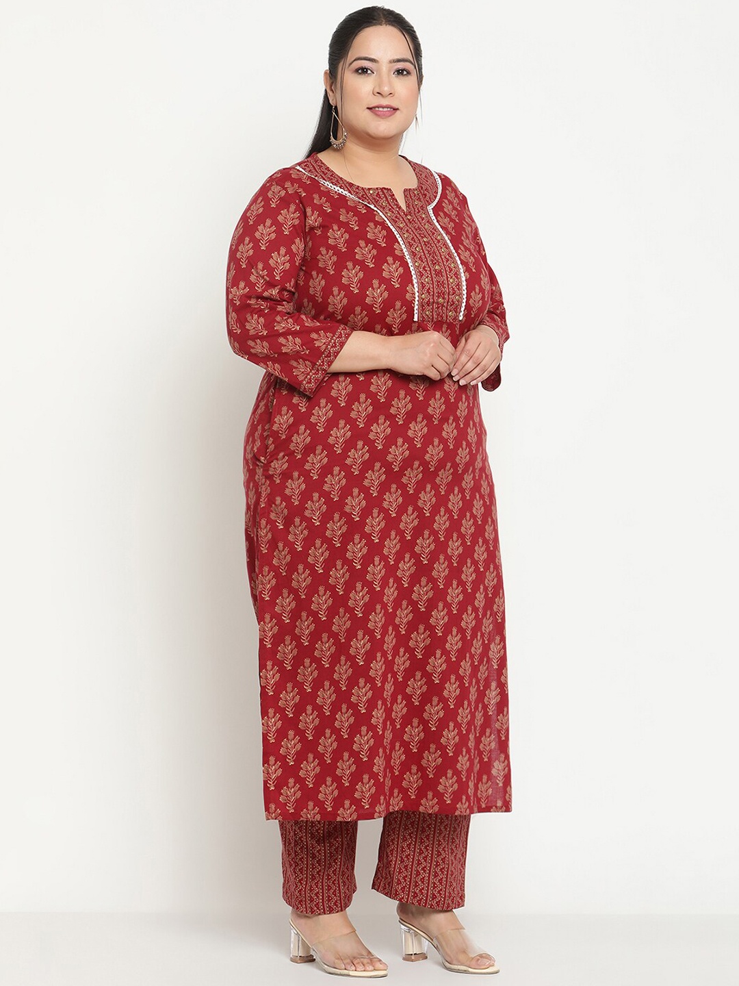 

Sringam Plus Size Floral Printed Regular Pure Cotton Kurta With Trousers, Maroon
