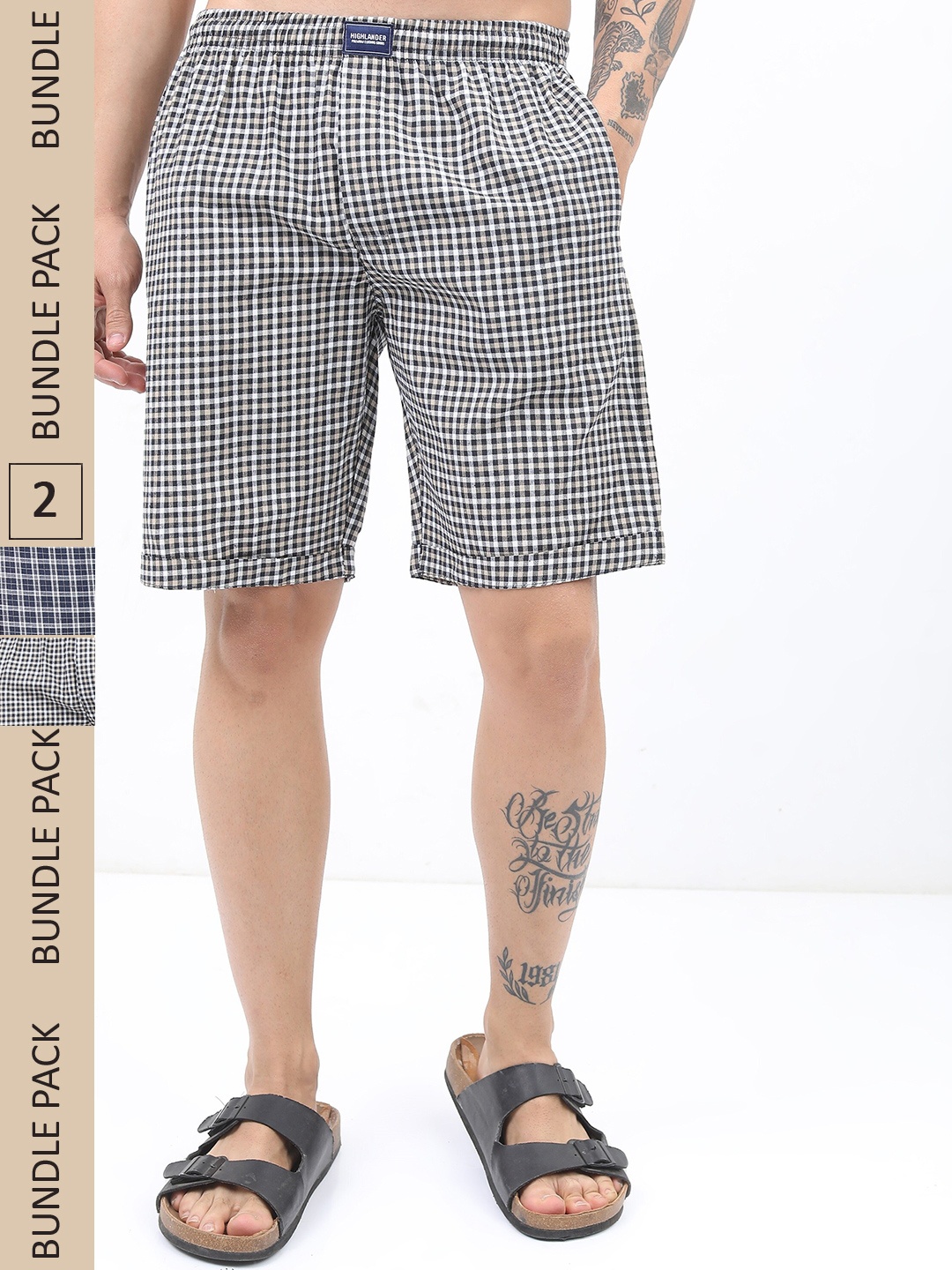 

HIGHLANDER Men Pack Of 2 Checked Mid-Rise Lounge Shorts, Navy blue