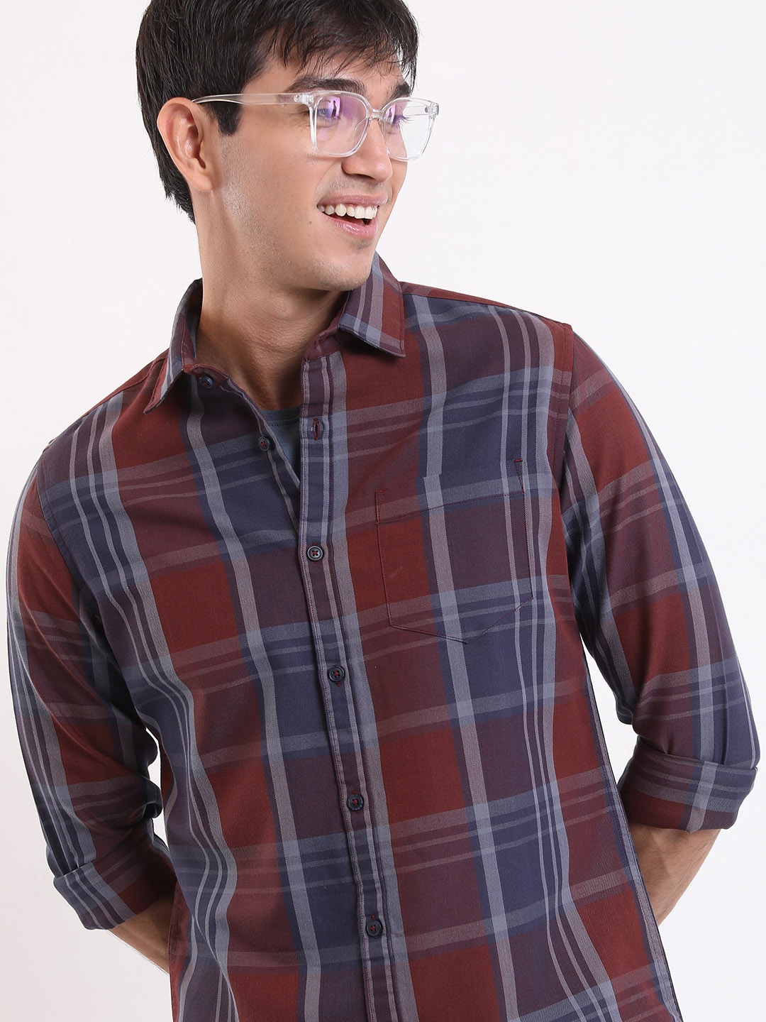 

HIGHLANDER Tartan Checked Slim Fit Opaque Cotton Casual Shirt, Navy blue