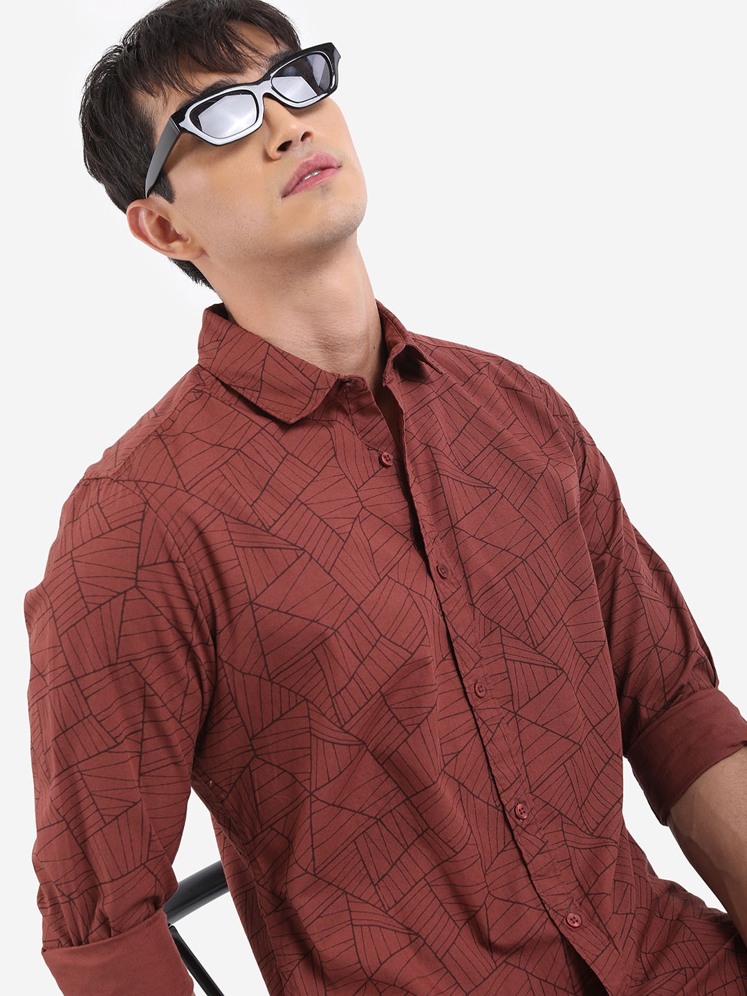 

HIGHLANDER Geometric Printed Slim Fit Opaque Cotton Casual Shirt, Brown