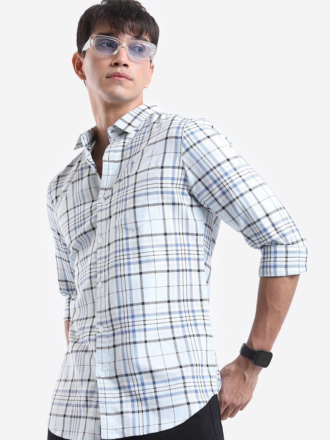 

HIGHLANDER Checked Spread Neck Slim Fit Casual Shirt, Blue