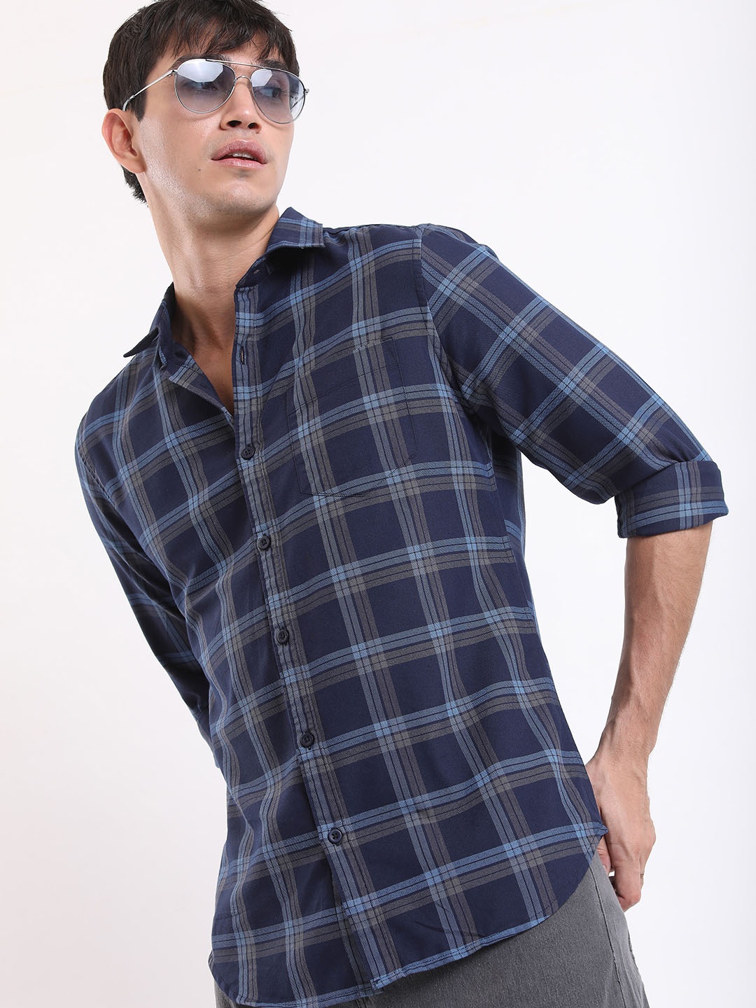 

HIGHLANDER Tartan Checks Casual Shirt, Navy blue