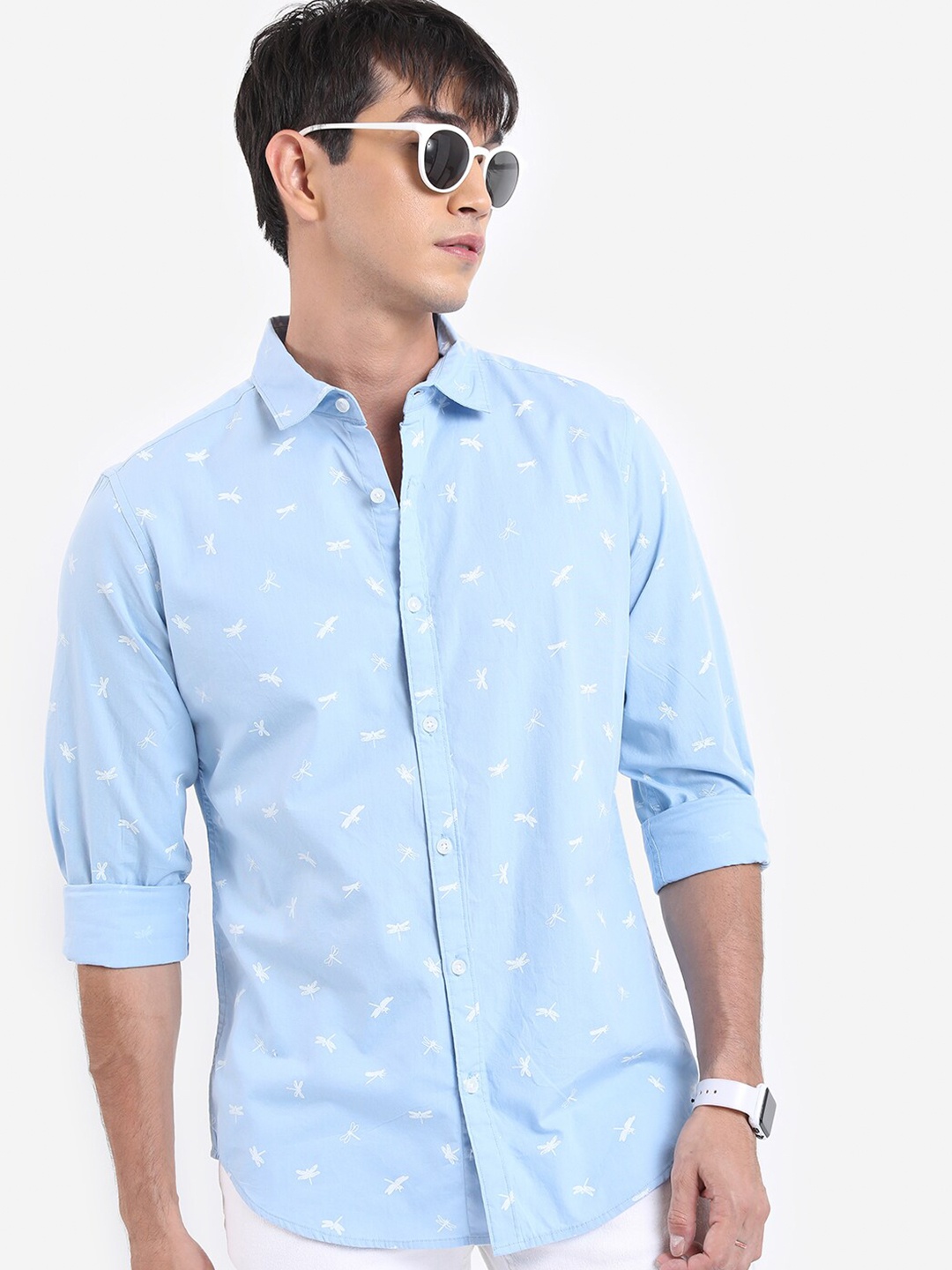 

HIGHLANDER Conversational Printed Slim Fit Spread Collar Casual Cotton Shirt, Blue
