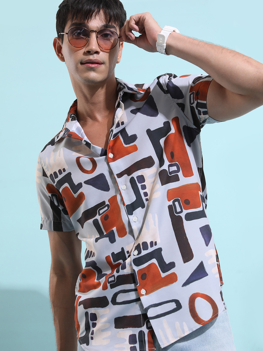 

HIGHLANDER Slim Fit Abstract Printed Spread Collar Casual Shirt, Grey