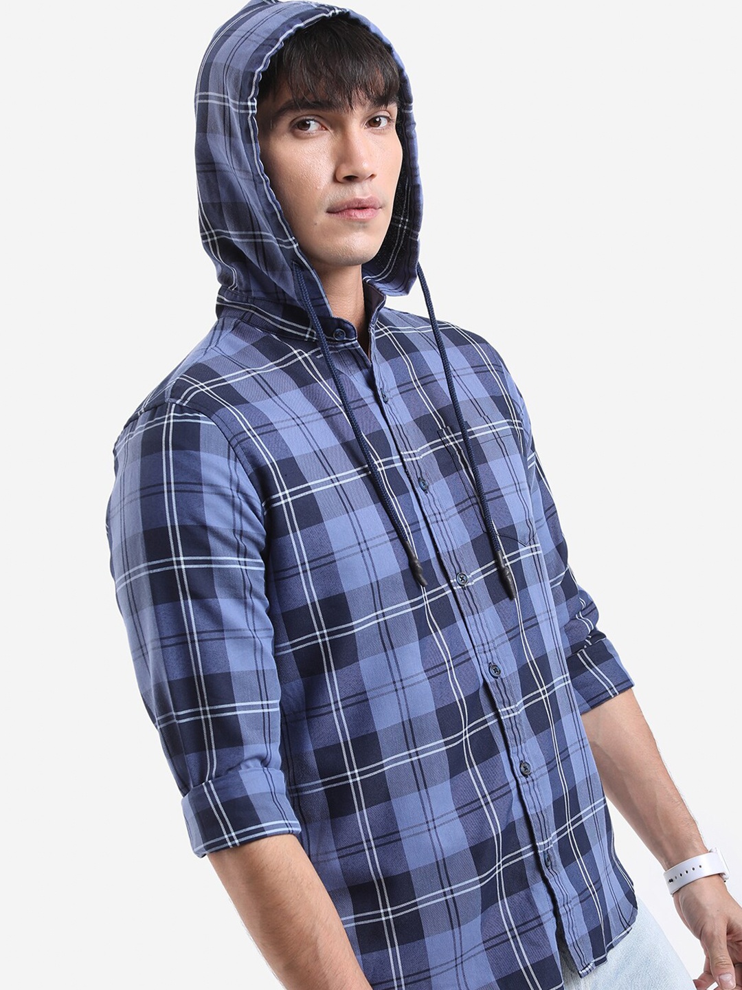 

HIGHLANDER Tartan Checked Hooded Slim Fit Casual Shirt, Blue