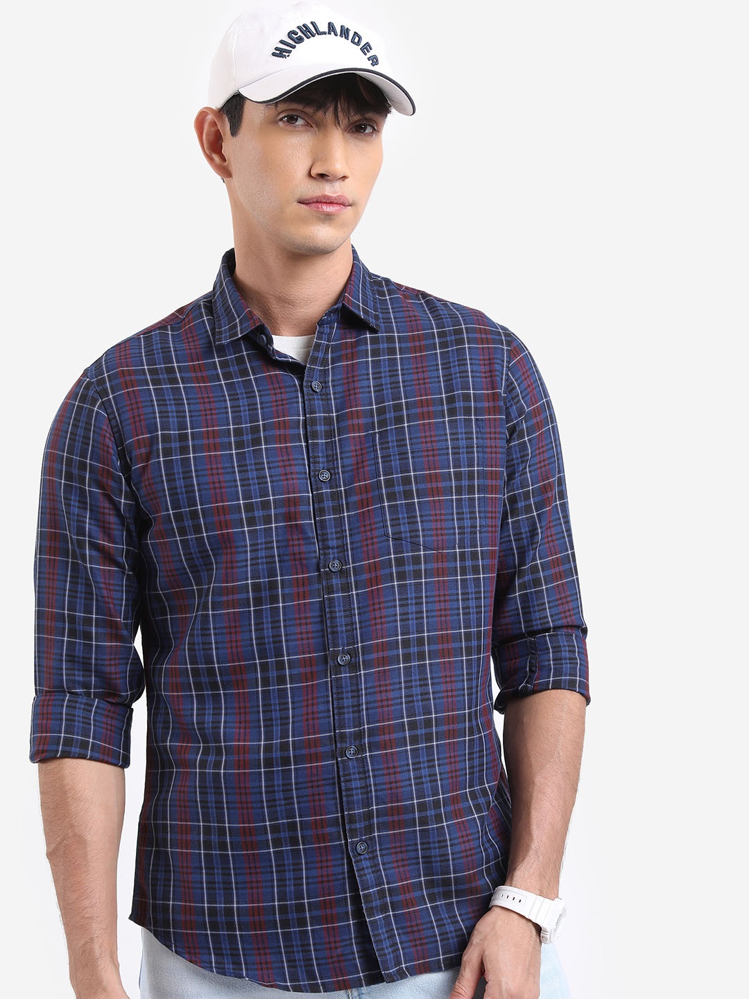 

HIGHLANDER Tartan Checked Cotton Casual Shirt, Navy blue