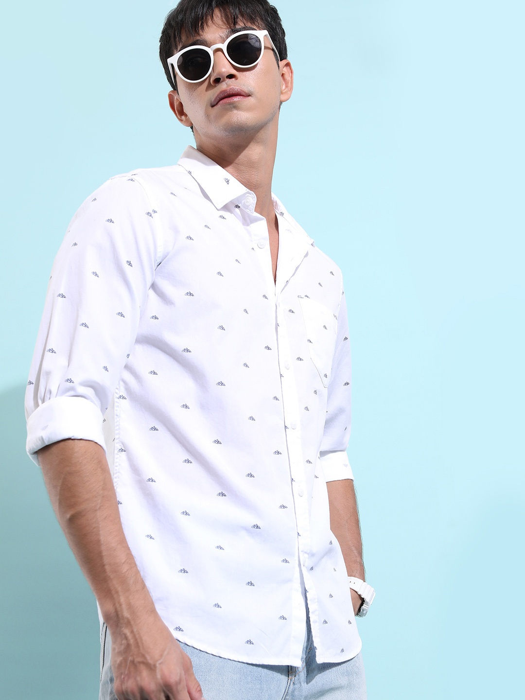

HIGHLANDER Slim Fit Opaque Printed Cotton Casual Shirt, White