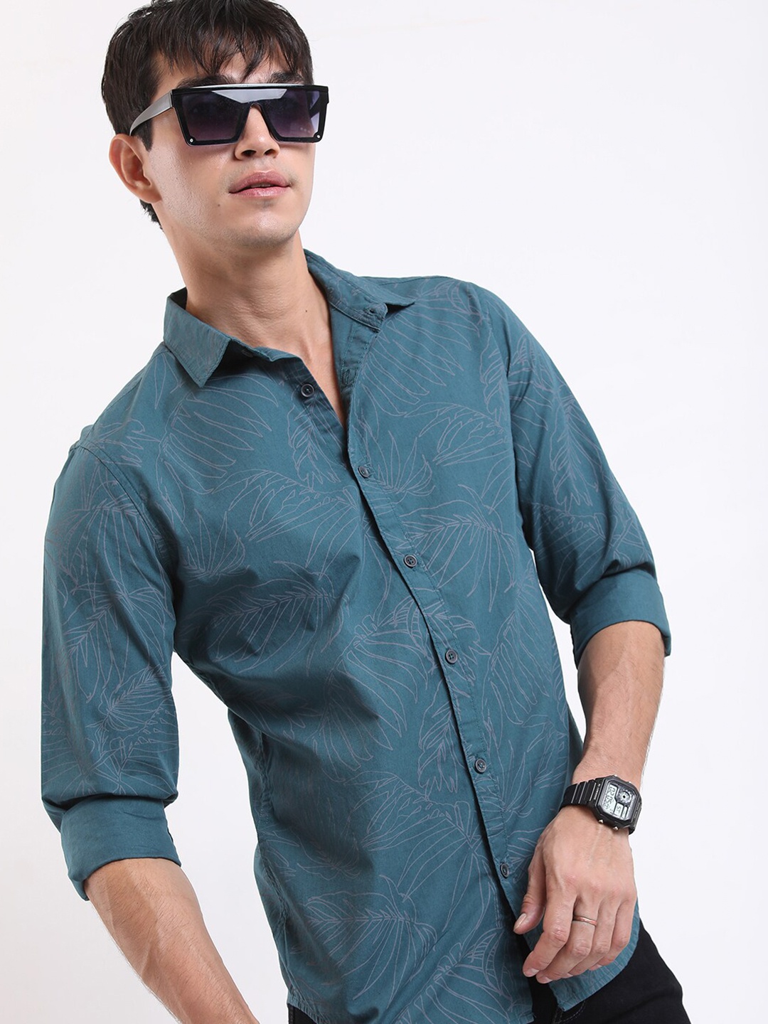 

HIGHLANDER Tropical Printed Slim Fit Spread Collar Casual Cotton Shirt, Teal