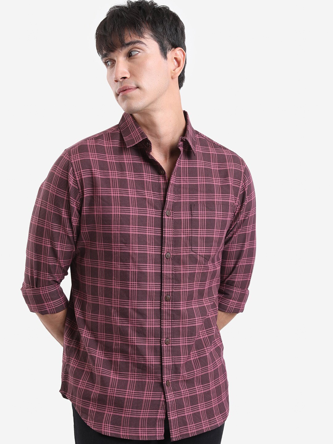

HIGHLANDER Tartan Checked Spread Collar Slim Fit Casual Shirt, Burgundy