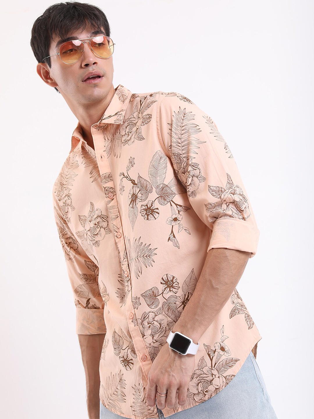 

HIGHLANDER Peach-Coloured Floral Printed Long Sleeves Slim Fit Cotton Casual Shirt