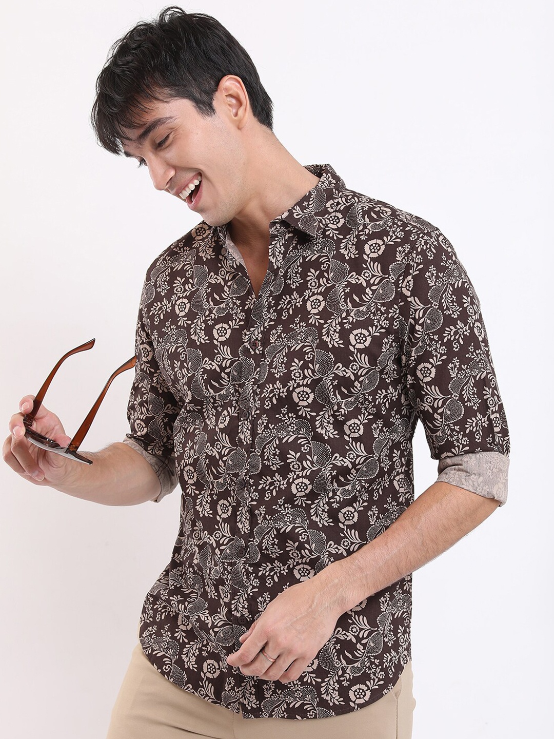 HIGHLANDER Brown Ethnic Motifs Printed Slim Fit Cotton Casual Shirt