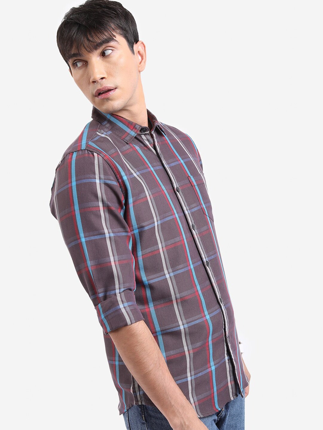 

HIGHLANDER Brown, Blue & Red Checked Long Sleeves Slim Fit Casual Shirt