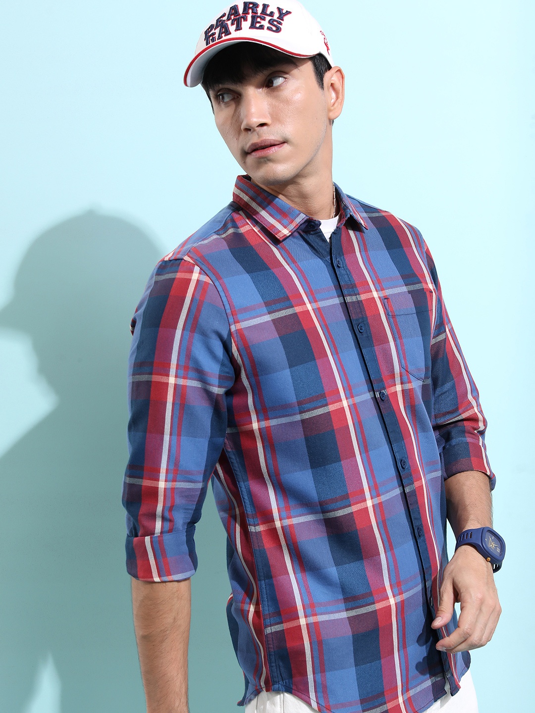 

HIGHLANDER Slim Fit Opaque Checked Casual Shirt, Navy blue