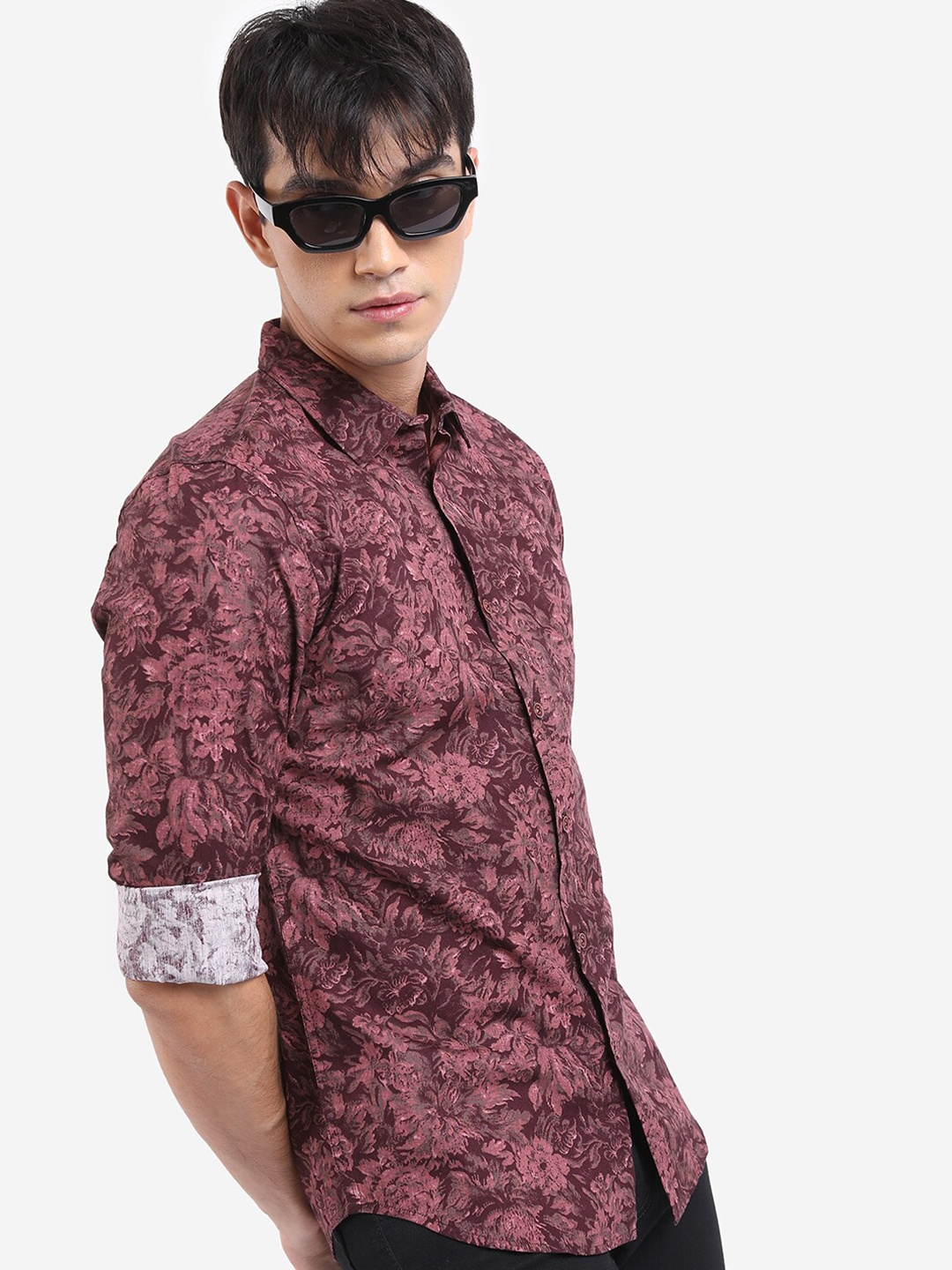 

HIGHLANDER Floral Printed Slim Fit Spread Collar Casual Cotton Shirt, Maroon