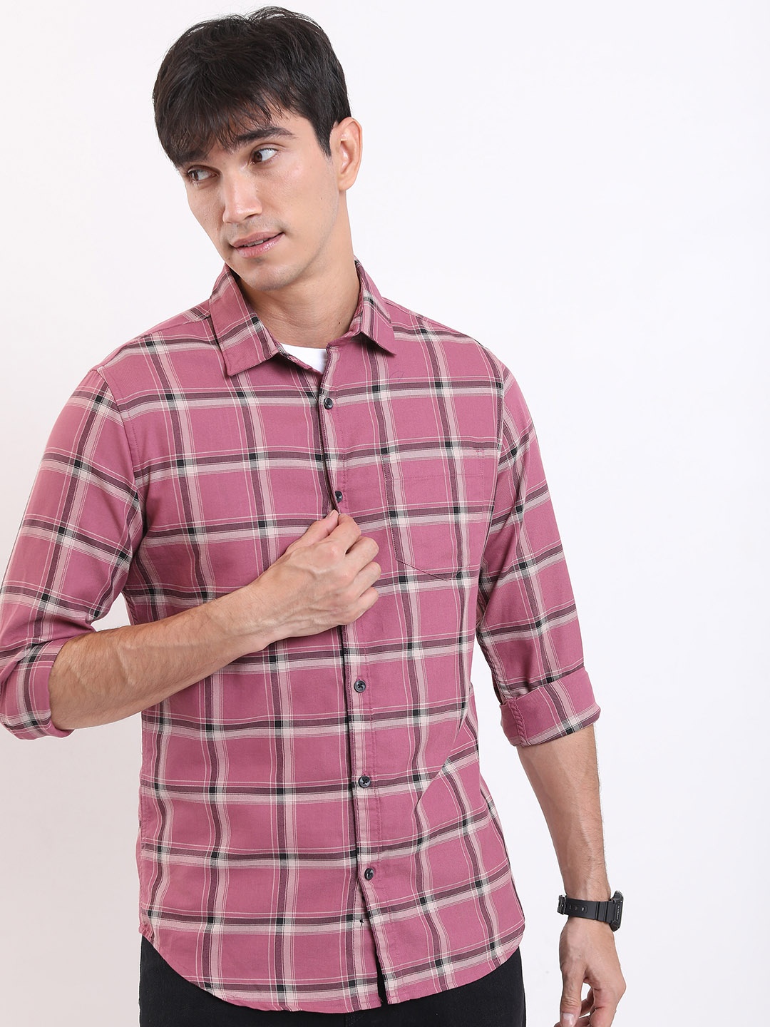 

HIGHLANDER Windowpane Checks Casual Shirt, Pink