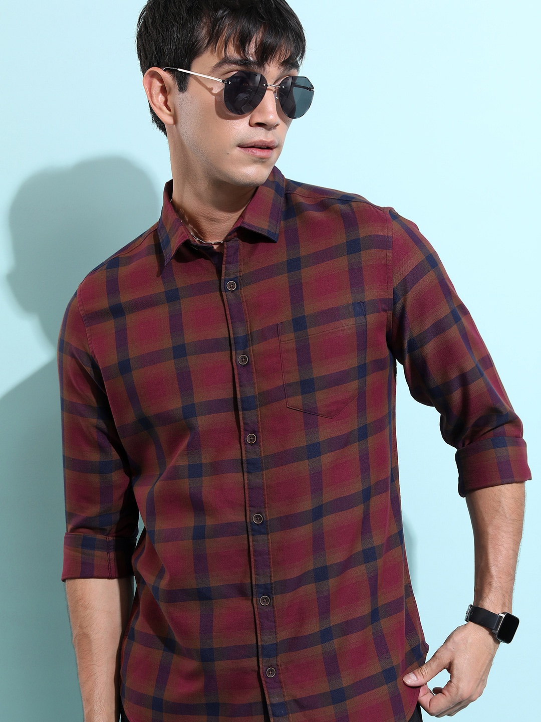 

HIGHLANDER Burgundy Slim Fit Windowpane Checked Casual Shirt