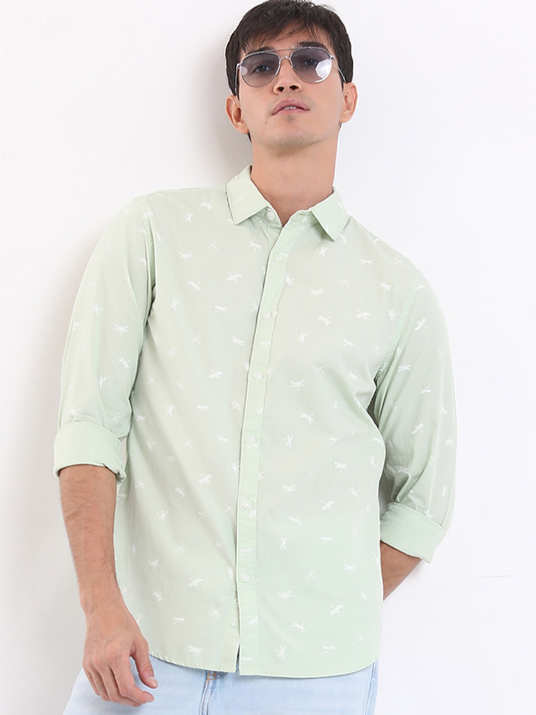 

HIGHLANDER Green Slim Fit Conversational Printed Cotton Casual Shirt