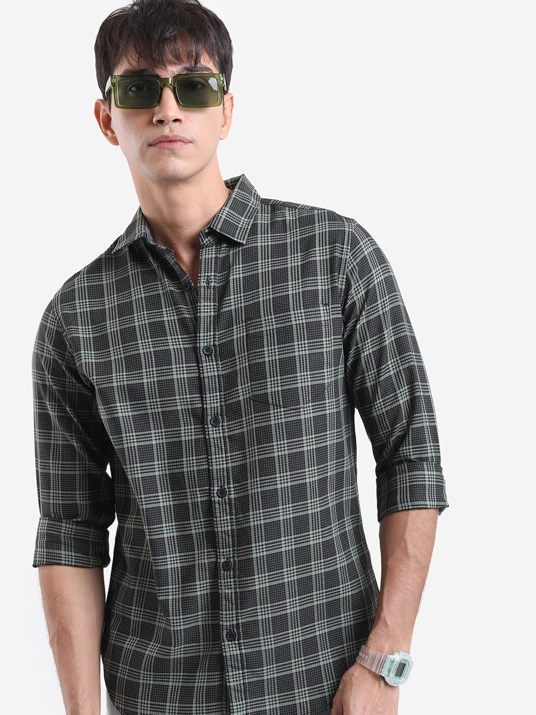 

HIGHLANDER Tartan Checked Slim Fit Casual Shirt, Black