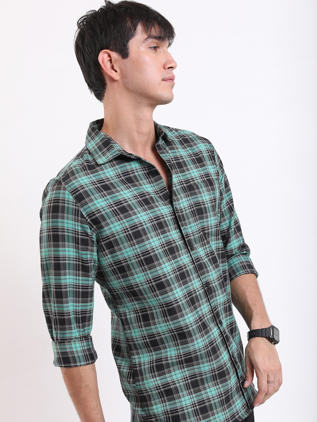 

HIGHLANDER Green Tartan Checks Checked Slim Fit Cotton Casual Shirt