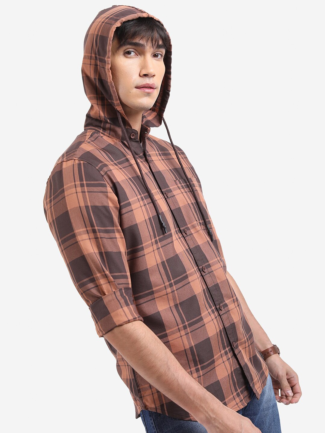 

HIGHLANDER Tartan Checked Hooded Long Sleeves Slim Fit Casual Shirt, Brown