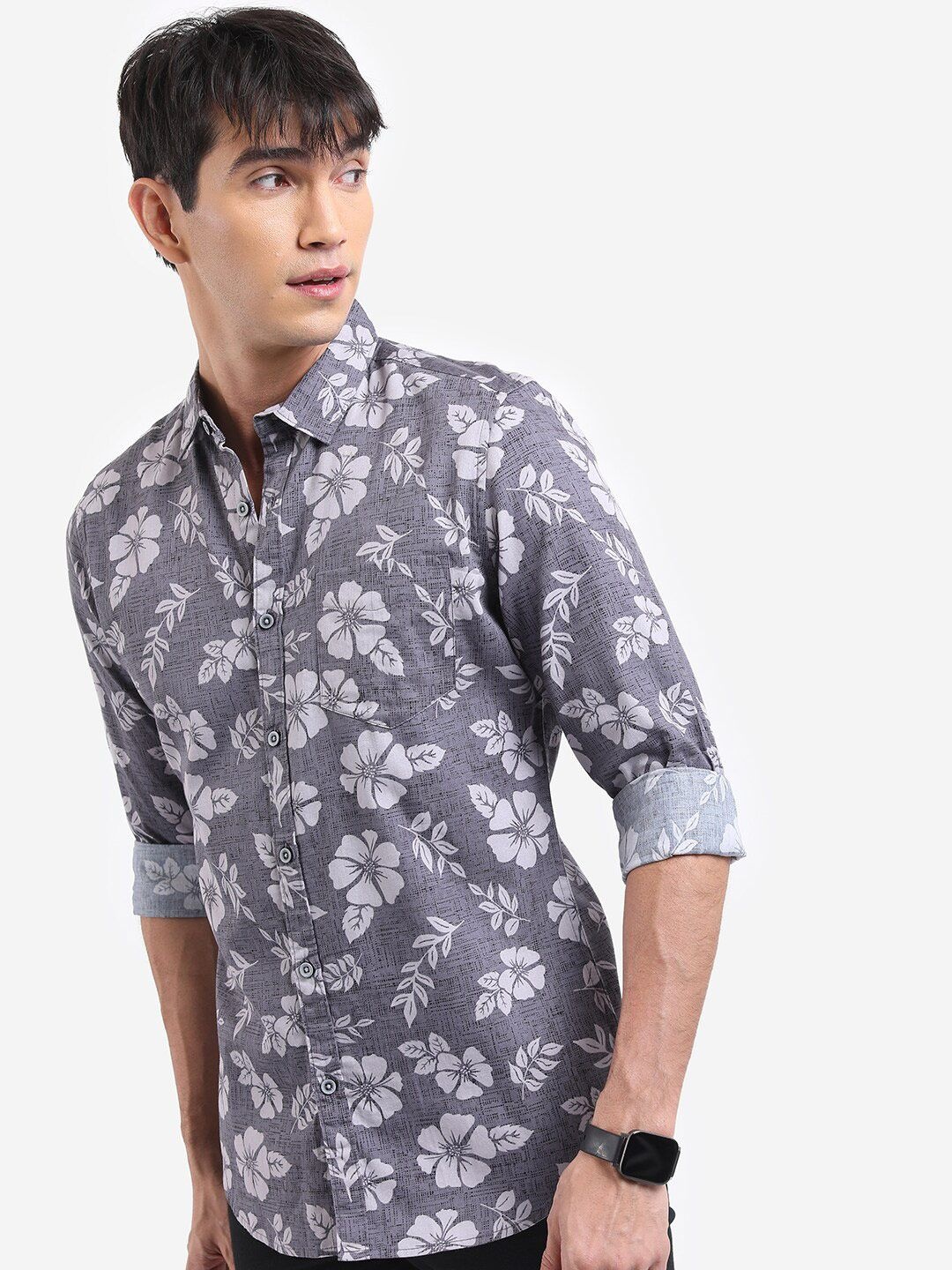 

KETCH Floral Printed Slim Fit Casual Cotton Shirt, Grey
