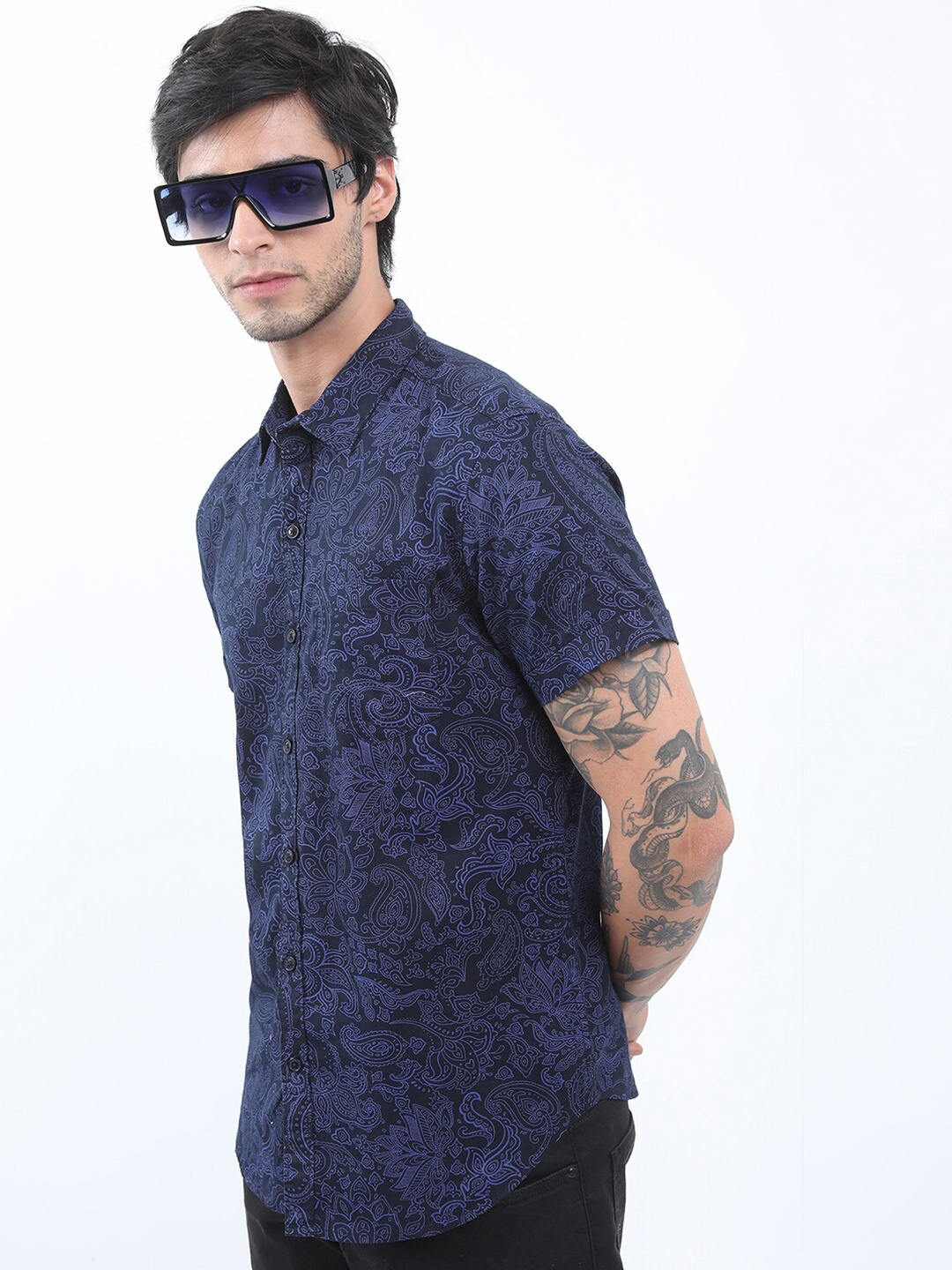 

KETCH Slim Fit Ethnic Printed Cotton Casual Shirt, Navy blue