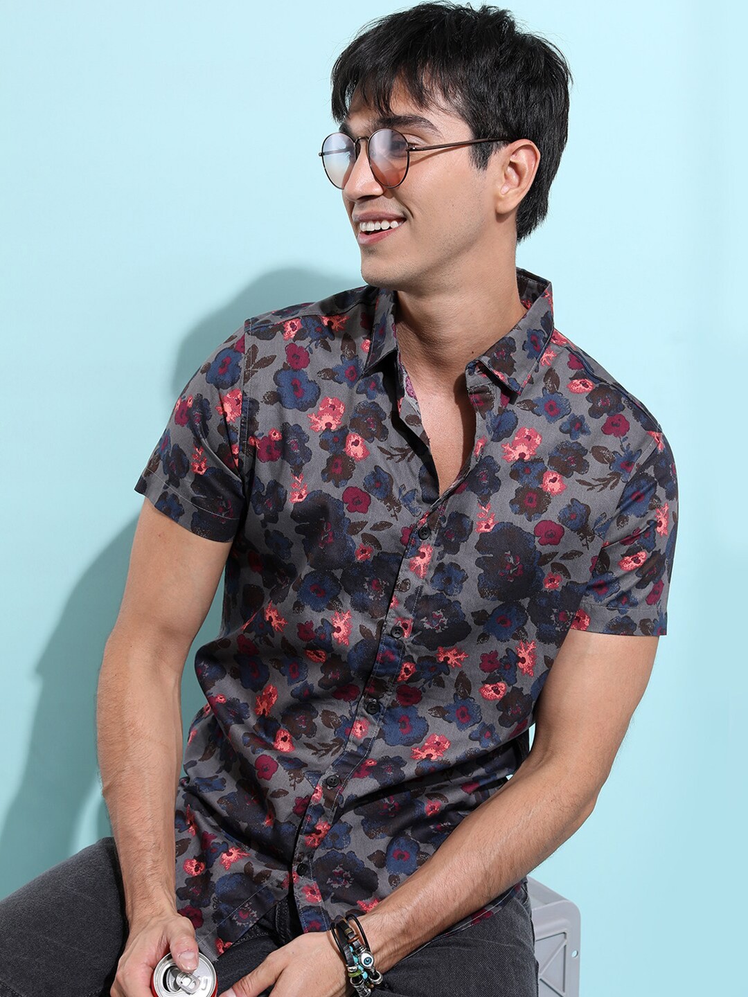 

KETCH Slim Fit Floral Printed Cotton Casual Shirt, Grey