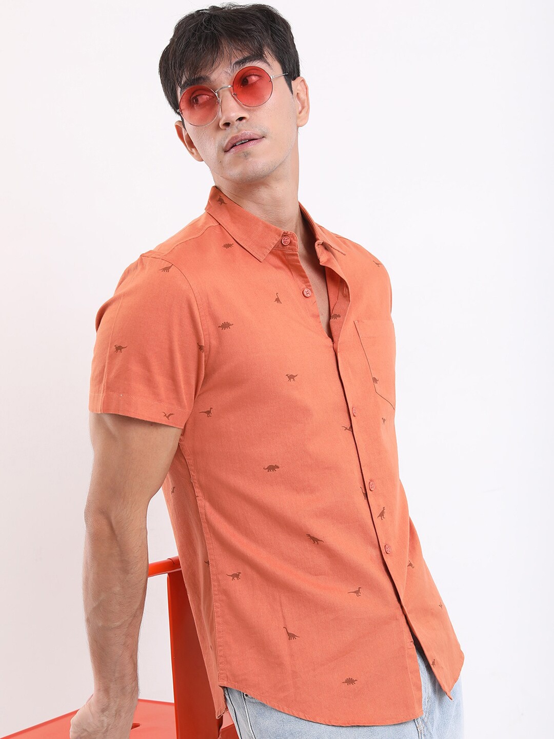 

KETCH Slim Fit Conversational Printed Cotton Casual Shirt, Orange