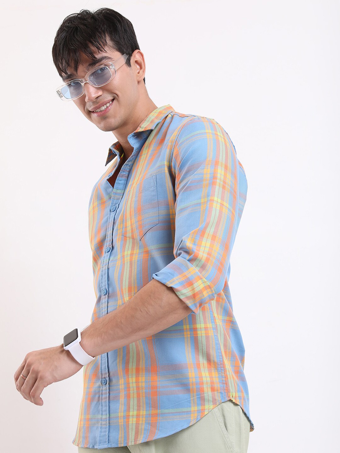 

KETCH Tartan Checked Spread Collar Slim Fit Casual Shirt, Blue