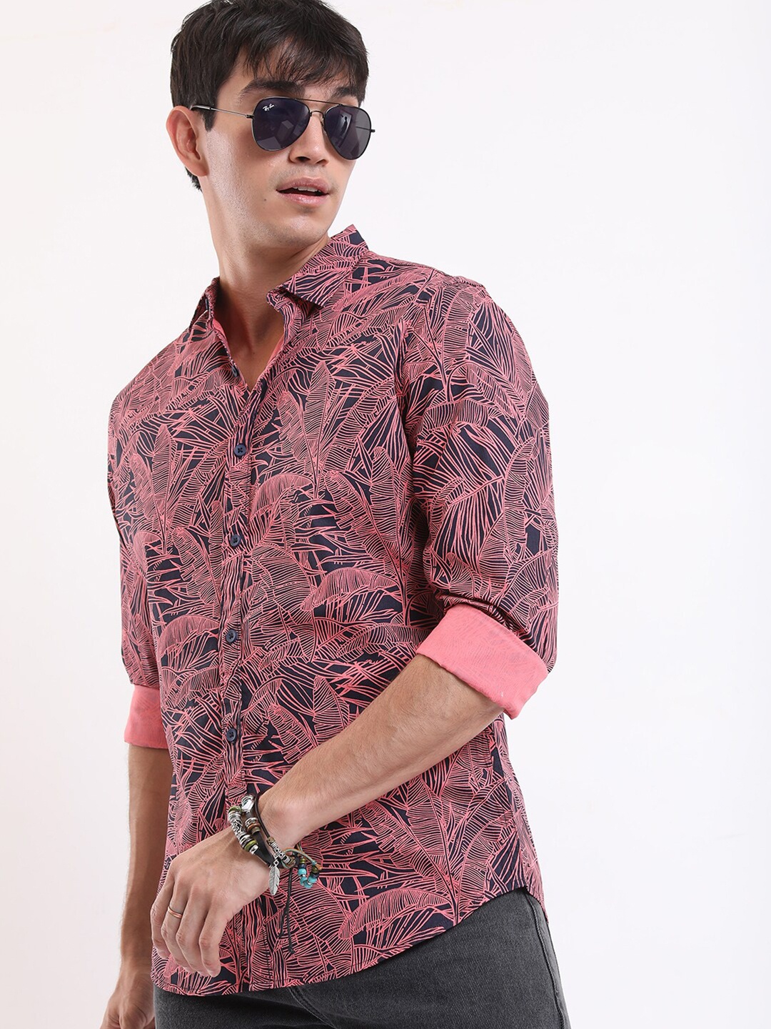 

KETCH Tropical Printed Spread Collar Cotton Slim Fit Casual Shirt, Peach