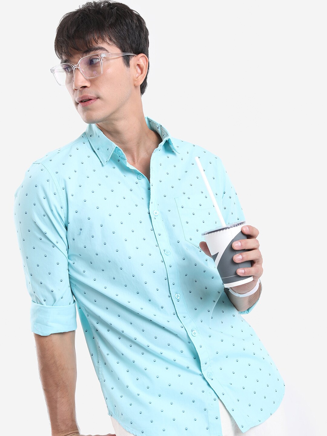 

KETCH Micro Ditsy Printed Spread Collar Cotton Slim Fit Casual Shirt, Blue