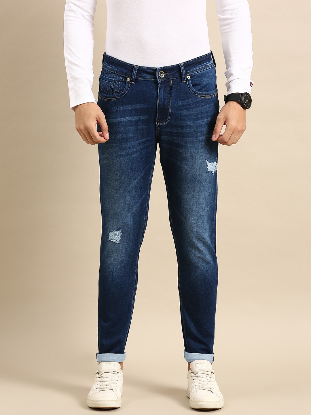 

Being Human Men Slim Fit Low Distress Light Fade Stretchable Jeans, Blue