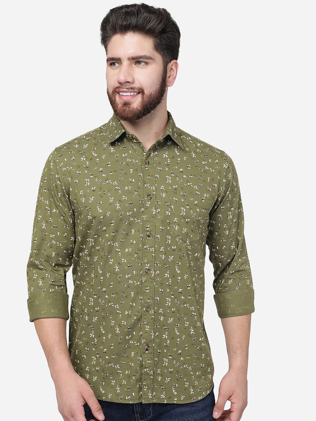 

JADE BLUE Slim Fit Floral Printed Cotton Casual Shirt, Olive