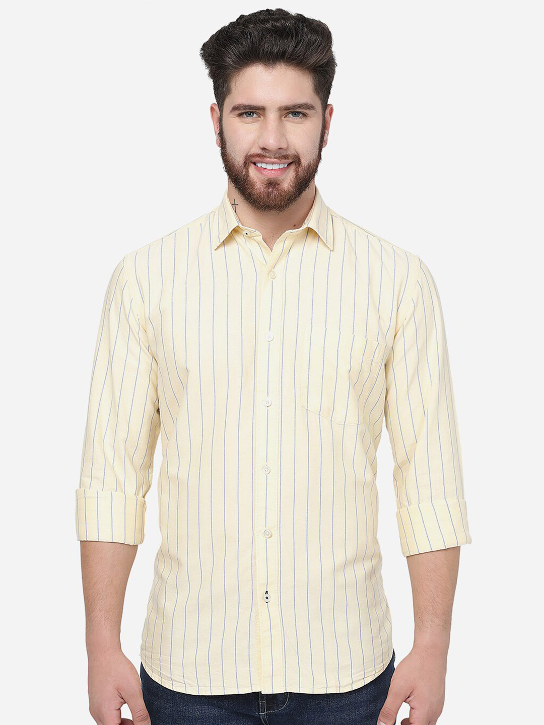 

JADE BLUE Slim Fit Striped Cotton Casual Shirt, Yellow
