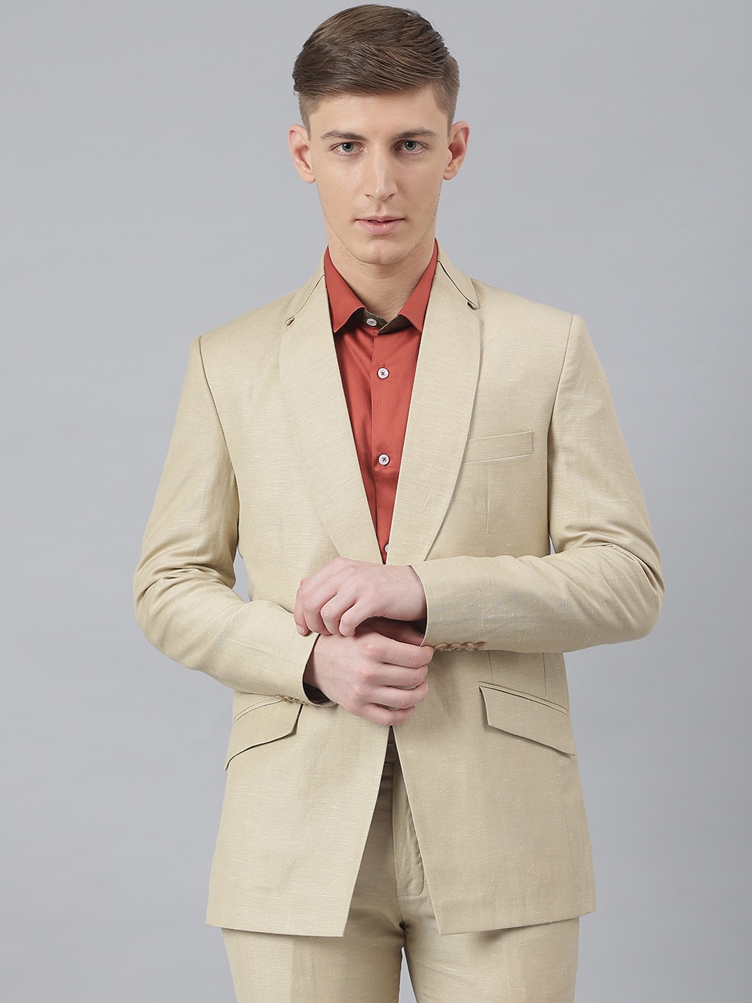 

MR BUTTON Slim-Fit Single-Breasted Formal Cotton Linen Blazer, Beige