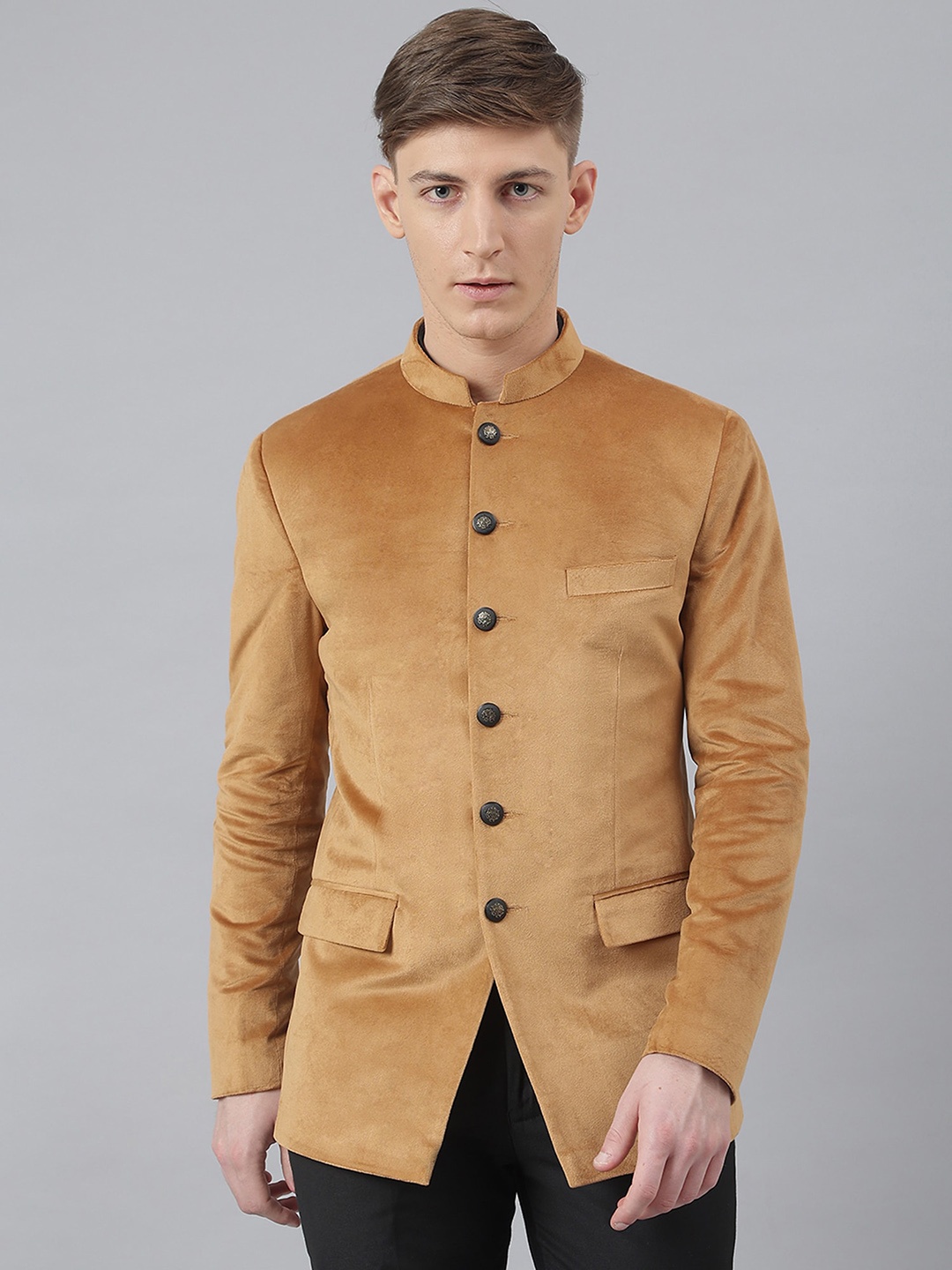 

MR BUTTON Men Velvet Slim-Fit Bandhgala Blazer, Yellow