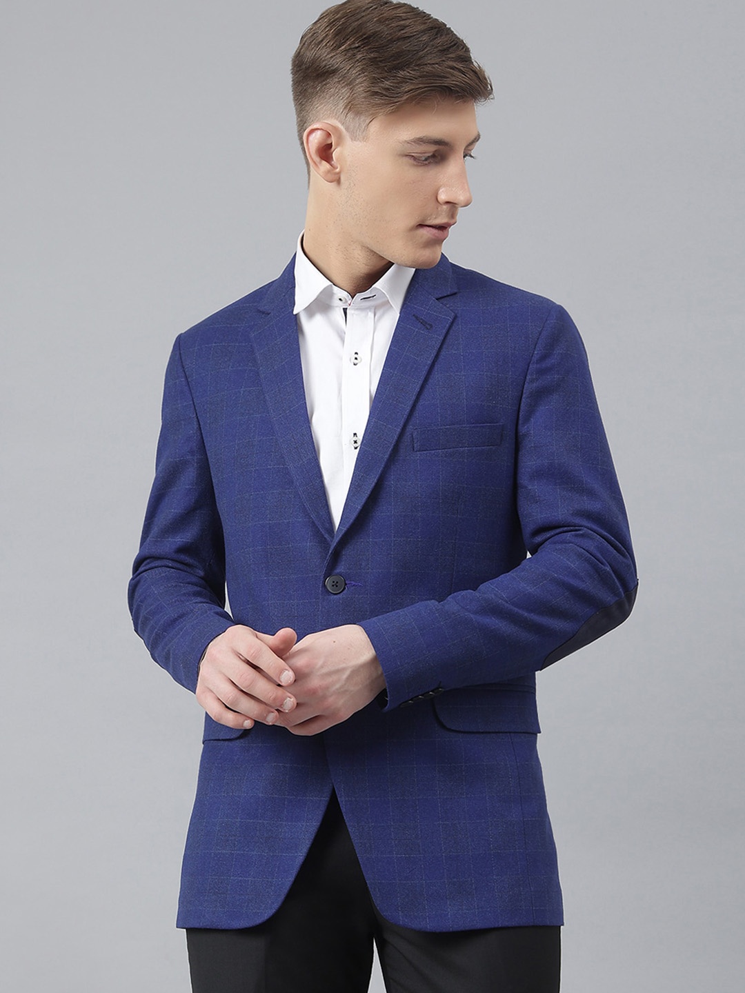 

MR BUTTON Men Slim-Fit Checked Single Breasted Formal Blazer, Blue