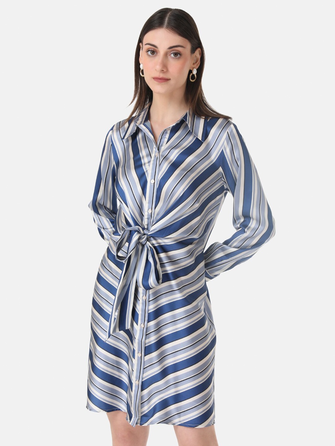 

Kazo Striped Cuffed Sleeves Shirt Dress, Blue