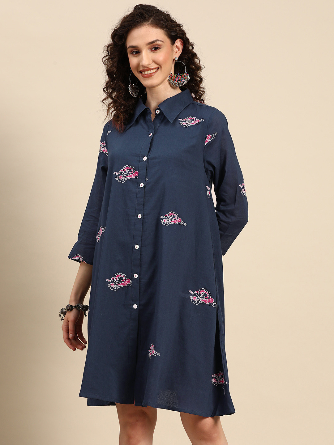 

INDYES Embroidered Shirt Dress, Navy blue