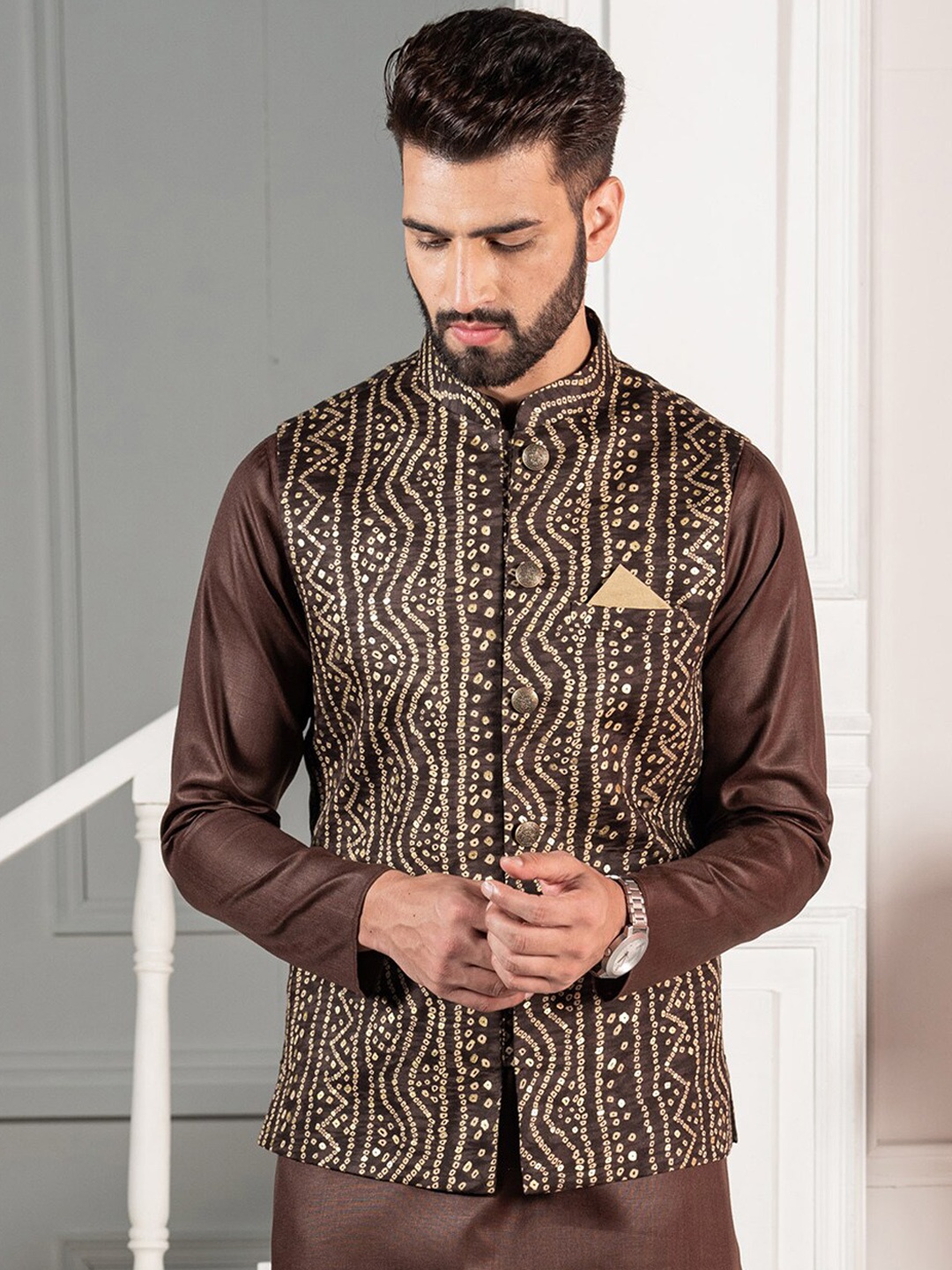 

KISAH Printed Nehru Jacket, Brown