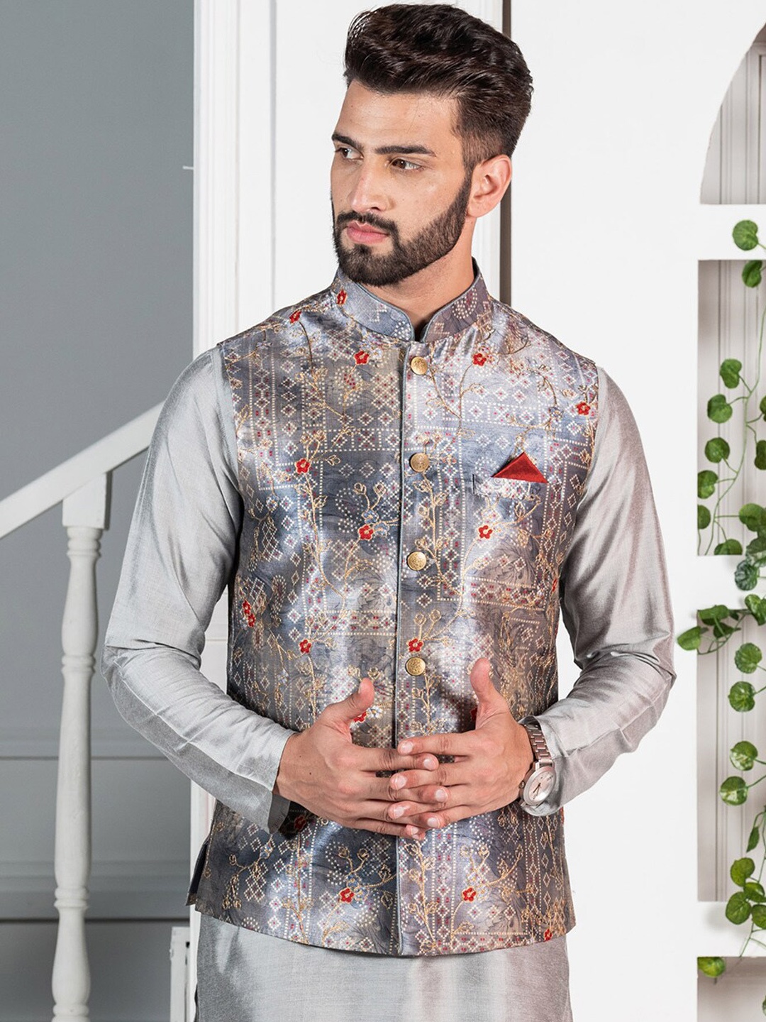 

KISAH Men Printed Woven Nehru Jacket, Grey