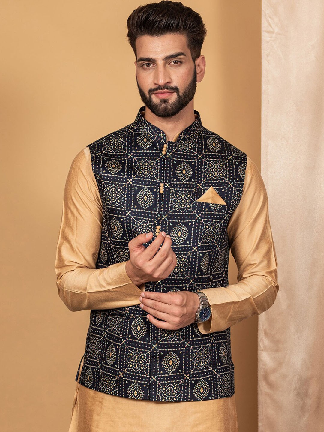 

KISAH Mandarin Collar Bandhani Printed Nehru Jacket, Navy blue