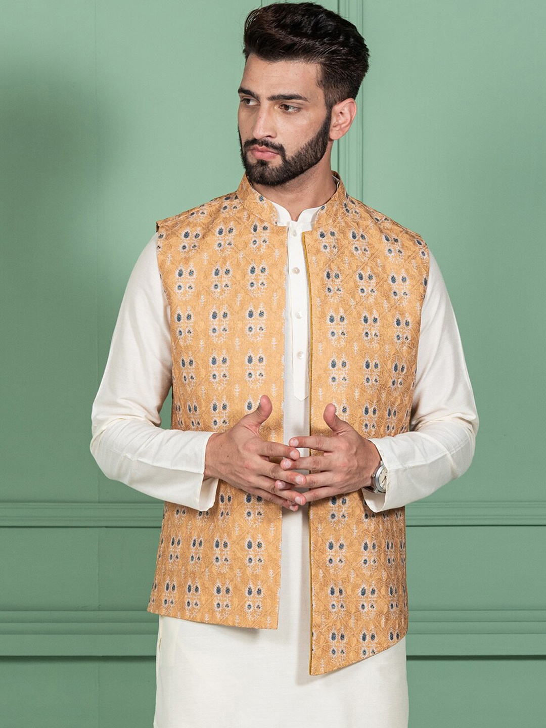 

KISAH Men Printed Mandarin Collar Woven Open Front Nehru Jacket, Mustard