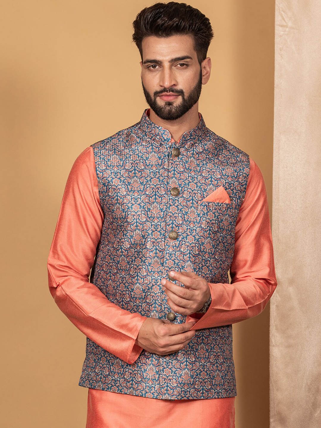 

KISAH Men Printed Mandarin Collar Nehru Jacket With Pocket Square, Blue