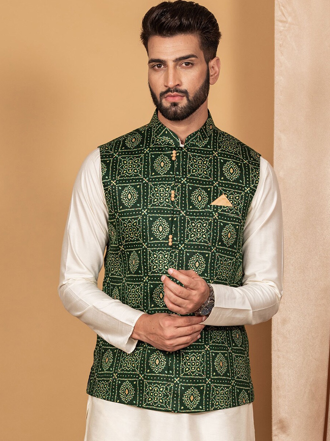 

KISAH Printed Nehru Jacket With Pocket Square, Green