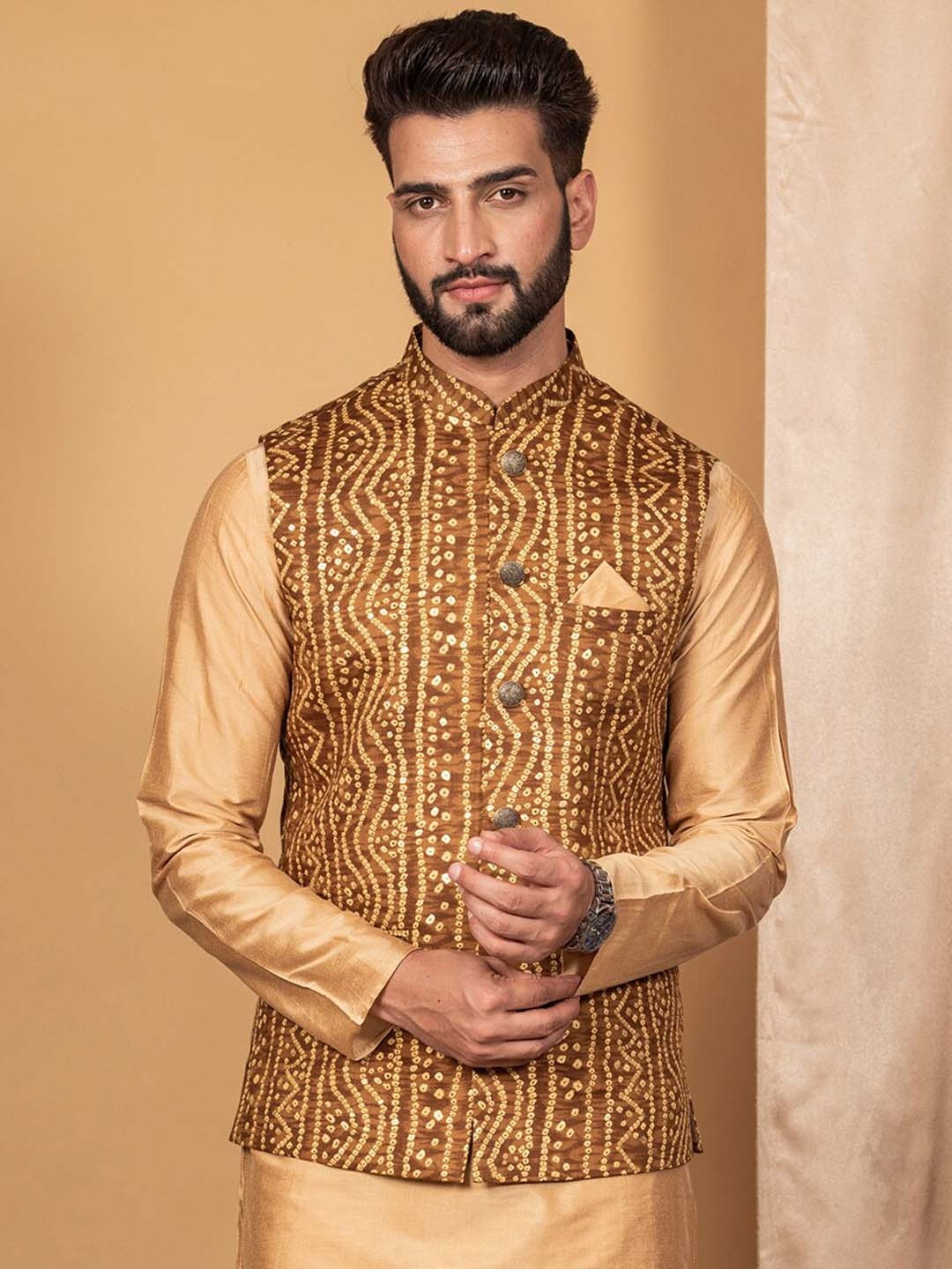 

KISAH Printed Woven Nehru Jacket, Mustard